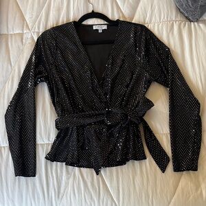 GILLI Black Wrap Top with Silver Dot Accents and Self-Tie Belt